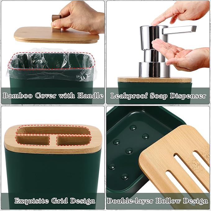XLHOMO Dark Green Bathroom Accessories, Green Bathroom Accessories Set with Trash Can, Soap Dispenser, Toothbrush Holder, Toothbrush Cup, Soap Dish, Toilet Brush, Tray and Q-tip Holders