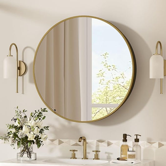 28 x 28 Inch Round Medicine Cabinet with Mirror,Gold Circular Bathroom Cabinet Wall Mounted,Metal Framed Mirror Medicine Cabinet with Adjustable Shelves for Bathroom Vanity