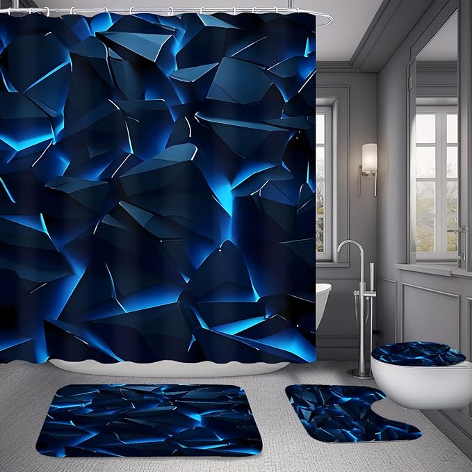 Yizheer 4Pcs Blue Geometry Rock Modern Shower Curtain Set with 12 Rustproof Hooks Bath Mat Toilet Cover U Shaped Mat- PEVA Material, 72x72 Inches, Bathroom Shower Curtain for Bathtub (Blue Rock)