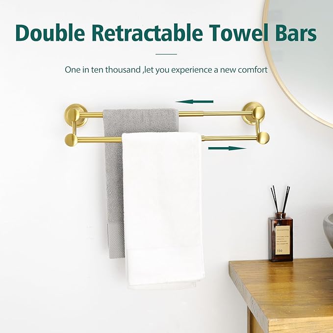Hoimpro Adjustable Retractable 15-27 Inches Stainless Steel Bathroom Towel Bar, Bathroom Accessories Bath Hotel Double Towel Bar Rod Hanger Wall Mounted Towel Holder Towel Rack, Brushed Gold