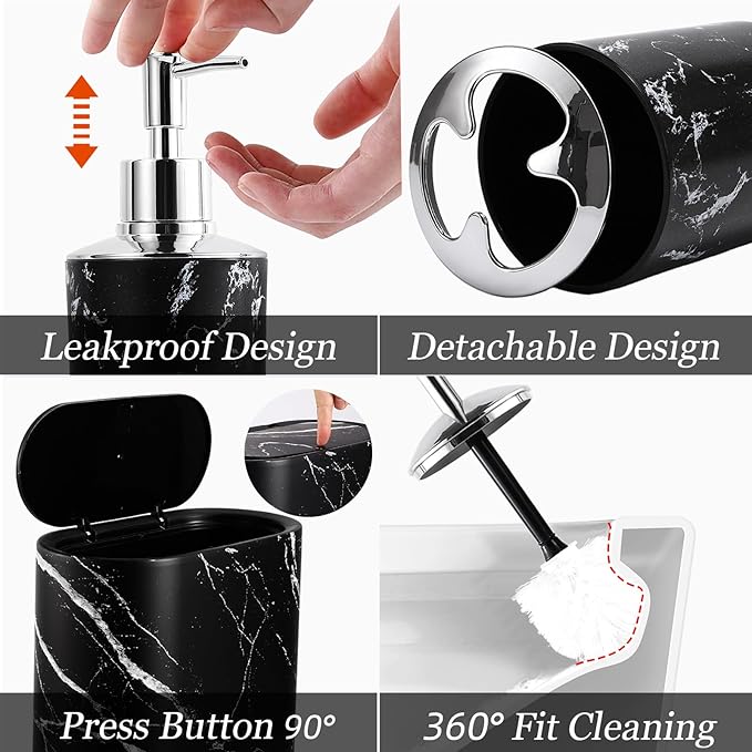 Bathroom Accessories Set, 9-Piece Marble Black Bathroom Set, Black Bathroom Accessories with Slim Trash Can, Soap Dispenser, Toilet Brush, Toothbrush Set, Qtip Holders