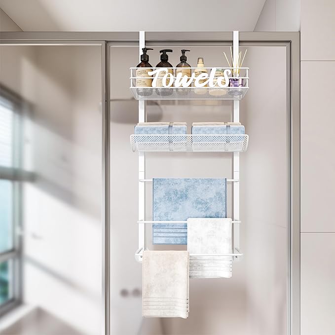 SWTYMIKI Over The Door Towel Racks for Bathroom - 5-Tier Wall Mounted Bathroom Towel Storage Organizer Holder with Metal Shelf, White