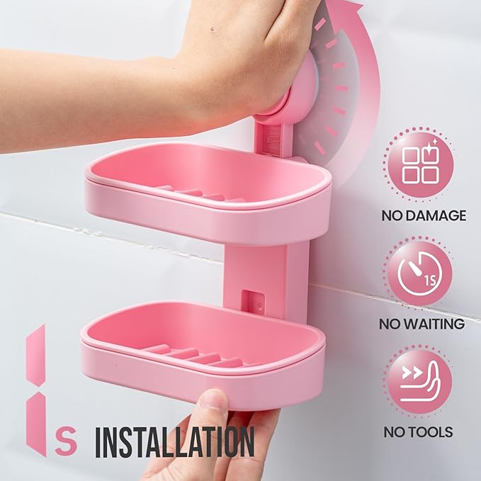 TAILI Soap Holder Soap Dish for Shower, Suction Cup Soap Holder for Shower Wall, Bathroom Accessories, Removable Strong Hold Soap Saver, Drill Free Double Soap Dish, Pink 2 Layer