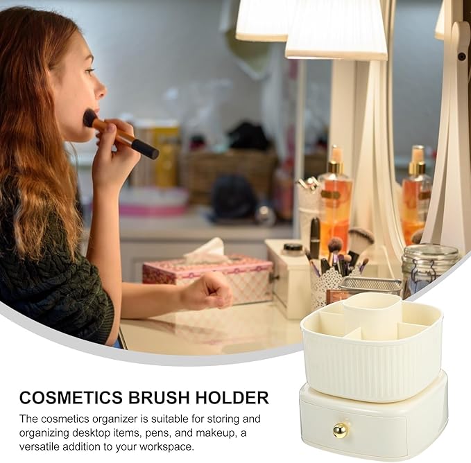 NOLITOY Makeup Brush Holder Organizer, 360?? Rotating Cosmetic Organizer with Drawer 5 Slot Makeup Brushes Cup for Countertop Dresser Bathroom Bedroom