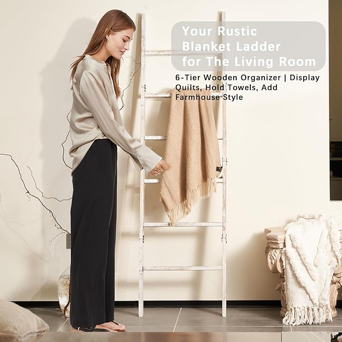Blanket Ladder for The Living Room 6-Tier, Wooden Decorative Quilt Holder for Bed Room, Wall-Leaning Towel Rack for Bathroom，Rustic Farmhouse Ladders for Display. (White Wash)