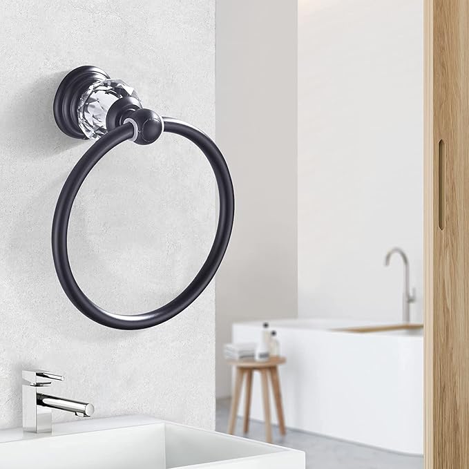 WINCASE Crystal Towel Ring, Black Hand Towel Holder, Bathroom Round Towel Hanger Racks Wall Mount Matte Black