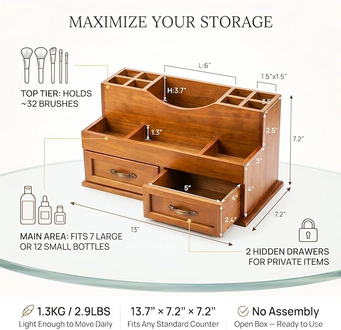 Rustic Wood Makeup Organizer with 2 Drawers, Vintage Tabletop Storage Box for Perfume, Skincare and Beauty Supplies, Thick Wood Design for Office, Bathroom, or Countertop