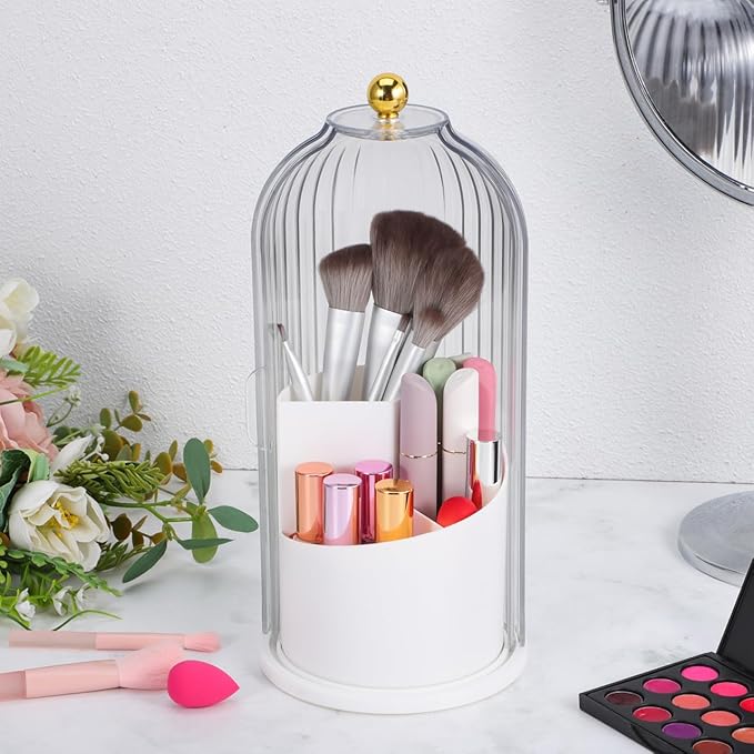 NOLITOY Concealed Toothbrush Holder, Rotating Makeup Brush Organizer with Sliding Lid Dustproof Waterproof Toothpaste Storage for Counter Bathroom (White)