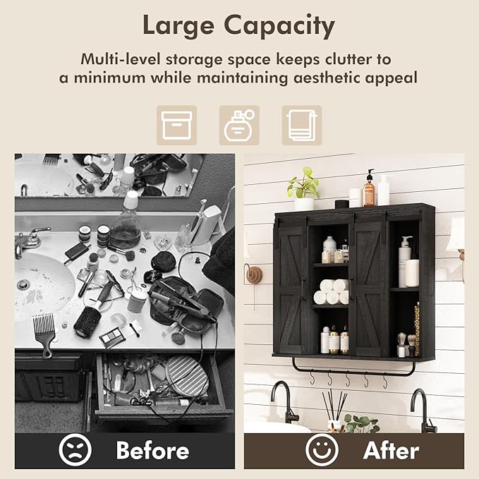 RUSTOWN Rustic Wood Wall Storage Cabinet with Two Sliding Barn Door, 3-Tier Decorative Farmhouse Vintage Cabinet for Kitchen Dining, Bathroom, Living Room,Black
