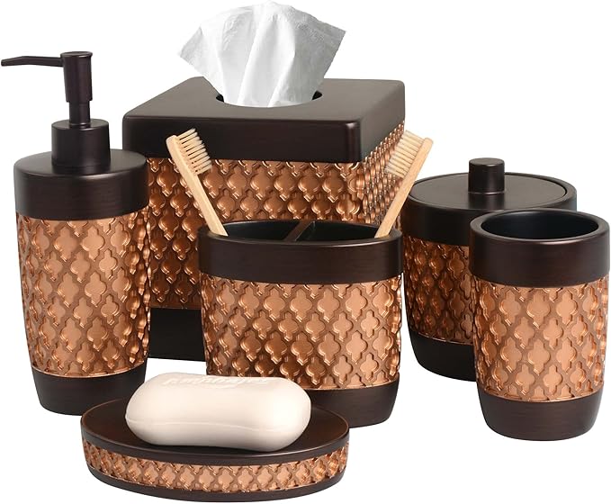 Decozen Bathroom Accessories 6Pcs Set, Soap Dispenser, Toothbrush Holders, Tumbler, Soap Dish & Cotton Swab Jar – Modern Bathroom Decor, Modern Farmhouse Decor, Countertop Accessories, Gold
