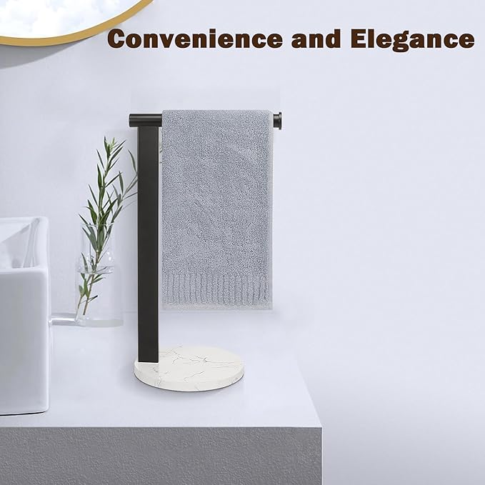Hand Towel Holder Stand for Bathroom, L- Shaped Standing Hand Towel Rack, Towel Bar Kitchen Vanity Countertop Organizer, SUS304 Stainless Steel Material, Marble Base (Matte Black)