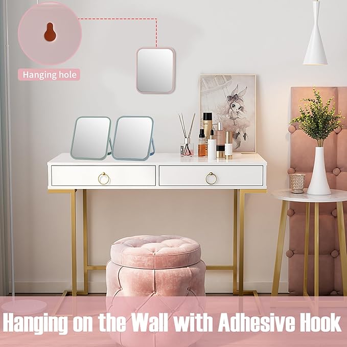 Desk Makeup Mirror 6 x 7 inches Table Mirror with Foldable Stand and Hanging Hole for Shaving and Travelling, Perfect for Dorm Room Cabinets, Refrigerator, Office.
