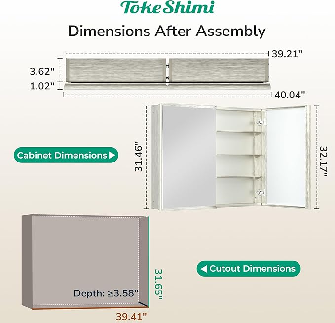 TokeShimi 40 x 32 Bathroom Mirror Cabinet, Assembly Required, Nickel Recessed Medicine Cabinet with Mirror, Steplessly Adjustable Shelves, Beveled Aluminum Frame, Tempered Glass