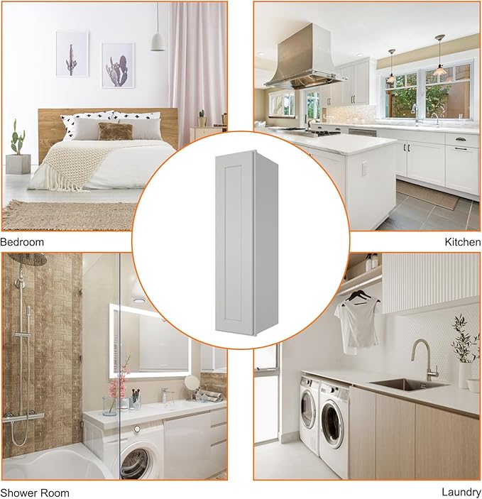 ROOMTEC (Light Gray Wood Wall Cabinet, RTA Single Door Medicine Cabinet with Adjustable Shelves and Soft-Close Door for Kitchen, Bathroom, and Laundry. 12" D*9" W*42" H
