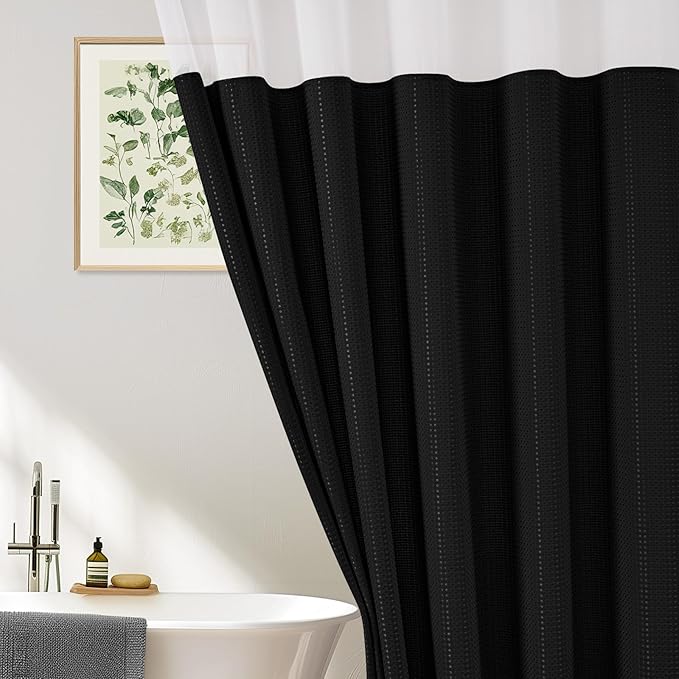 UFRIDAY Waffle Weave Shower Curtain 72x72 inch,Hotel Style Bath Curtain with Mesh Window, Heavy Duty Thick Fabric Shower Curtain for Bathroom,Washable Water Resistant，Black