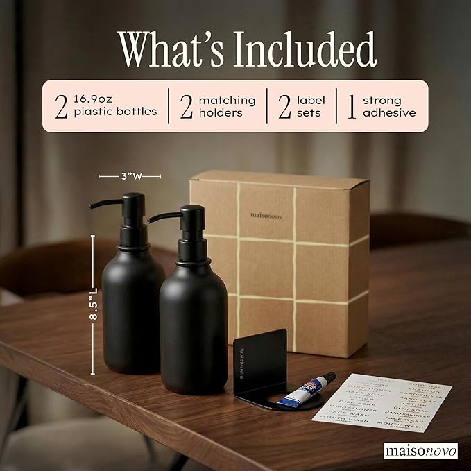 Shampoo and Conditioner Dispenser Wall Mounted Set of 2 Black - No Drill Shower Soap Dispenser for Bathroom Refillable - Spa Hotel Style Accessories by MaisoNovo