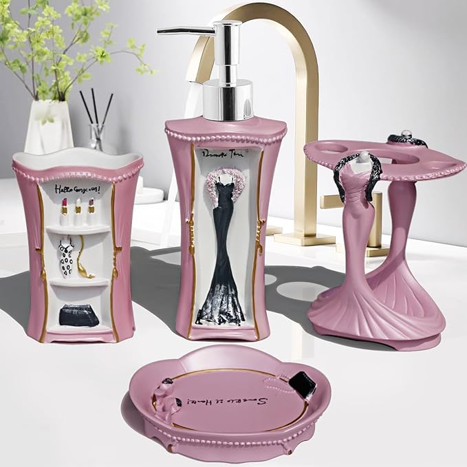 5 Piece Bathroom Accessories Set, Collection Bath Set Features Soap Dispenser, Toothbrush Holder, Tumbler, & Soap Dish (Pink)