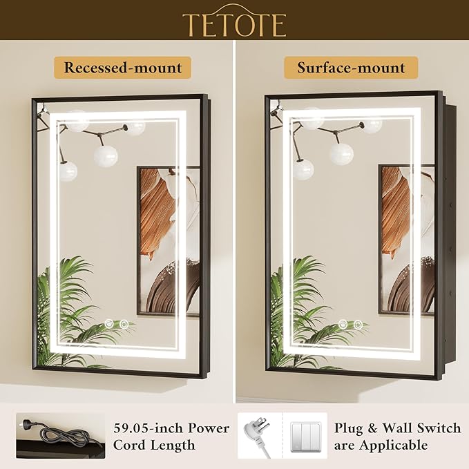 TETOTE Black Led Bathroom Medicine Cabinet with Mirror 20 x 26 Recessed or Surface Mount Metal Framed Lighted Medicine Cabinet, Tempered Glass, 3 Color Dimming, Anti-Fog, 2 Outlets, Adjustable Shelf