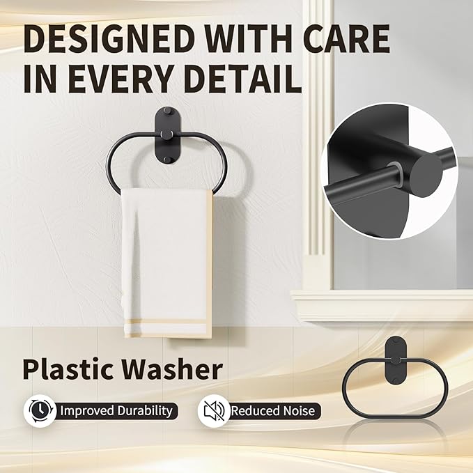5-Piece Bathroom Hardware Accessories Set, Self-Adhesive & Wall Mounted SUS304 Stainless Steel Towel Bar Set, Adjustable Towel Bar, Towel Ring, Toilet Paper Holder & 2 Hooks(Matte Black)