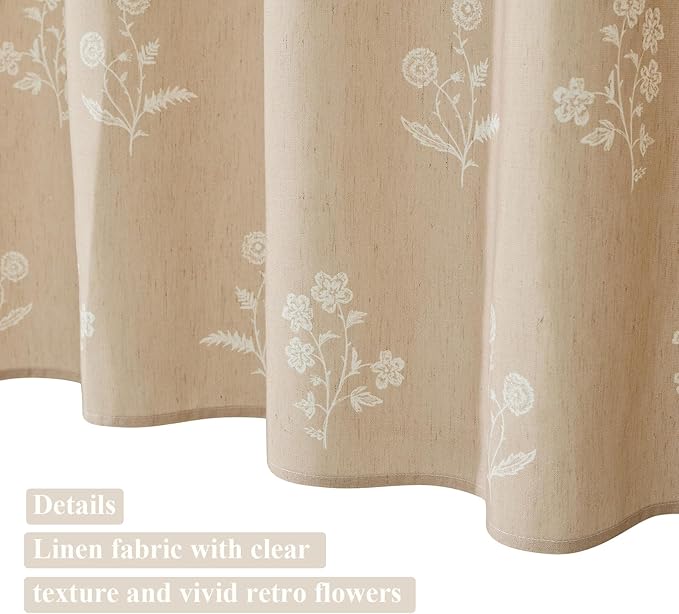 ORTIGIA Cottage Core Neutral Shower Curtain Linen Farmhouse Vintage Floral Block Print Shower Curtains Set Boho Rustic Decor for Bathroom 72 W x 72 L