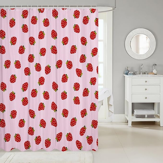 Feelyou Strawberry Bathroom Shower Curtain Set Girls Pink Cute Fruit Print Shower Curtain Kids Teens Strawberries Stripes Bath Curtain Polyester Stalls Waterproof Curtain Bathtubs Decor 72"x72"