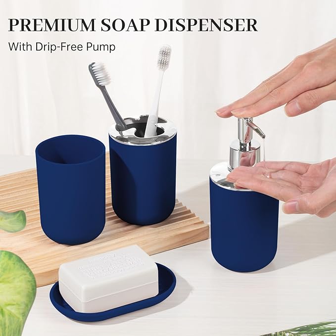 Bathroom Accessory Set, 4 Pcs Plastic Bathroom Set Include Soap Dispenser, Soap Dish, Toothbrush Holder, Mousewash Cup, Modern Bahtroom D??cor Set, Space Save for Bathroom (Blue)