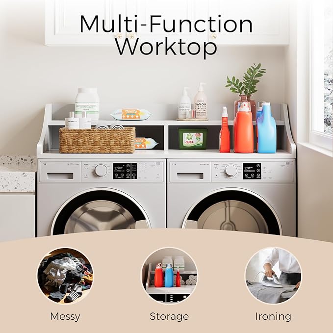 OAKHAM HOME 2-Tier Washer Dryer Countertop, 54" x 27.6" Washer Dryer Topper with Storage Shelf and Non-Slip Pads for Laundry Room Organization, White