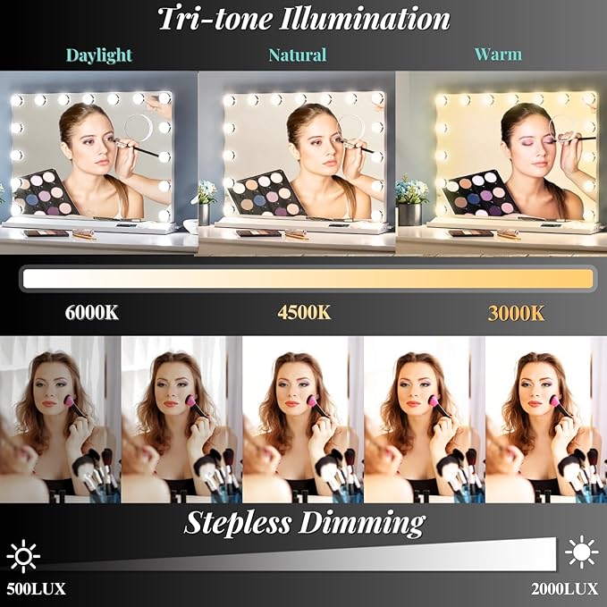 LUXFURNI Vanity Mirror with Lights, Makeup Mirrors Hollywood Mirror with 15 LED Bulbs, 3 Colors Modes & Adjustable Brightness, 10x Magnification, USB Charging