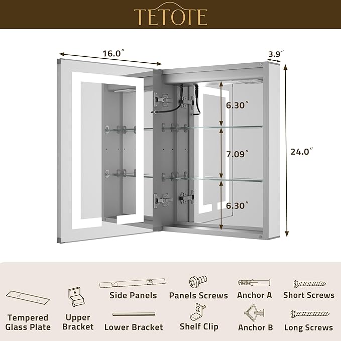 TETOTE LED Lighted Medicine Cabinet Mirror with Tempered Glass 16 x 24 Recessed or Surface Mount Bathroom Cabinet with Lights and Storage, Outlets & USB, 3-Color Dimming, Defog, Adjustable Shelves