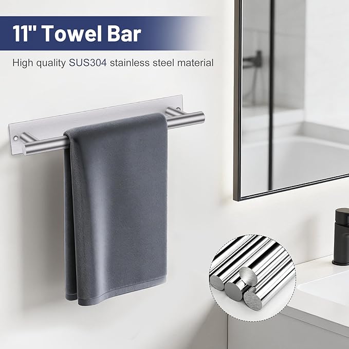 Lairuier 4-Piece Bathroom Hardware Set, Brushed Nickel Towel Holder Set Include Adhesive or Screw Towel Bar, Toilet Paper Holder and 2 Towel Hooks, Stainless Steel Wall Mounted Bathroom Accessories