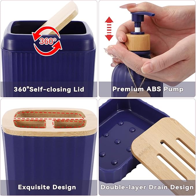 XLHOMO 30PCS Navy Blue Bathroom Accessories Set with Waffle Shower Curtain,Trash Can,3PCS Lotion Soap Dispenser, Toothbrush Holder, Soap Dish,Tumbler Cup,6PCS Wood Tags Bath Accessories with Tray