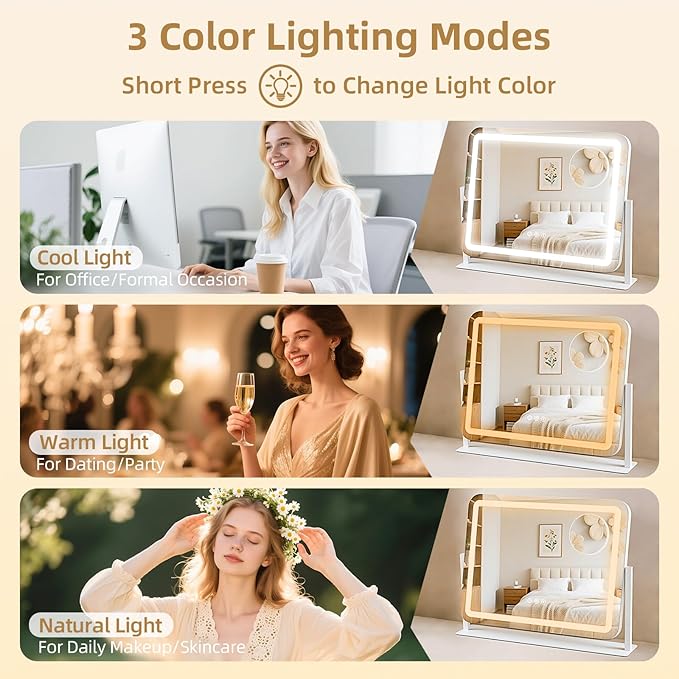 Vanity Mirror with Lights, Lighted Makeup Mirror with 10X Magnification, 3 Color Dimmble Lights, Touch Control, 360° Rotation, Metal Frame, Women's Gift, for Bedroom/Dressing Room, White