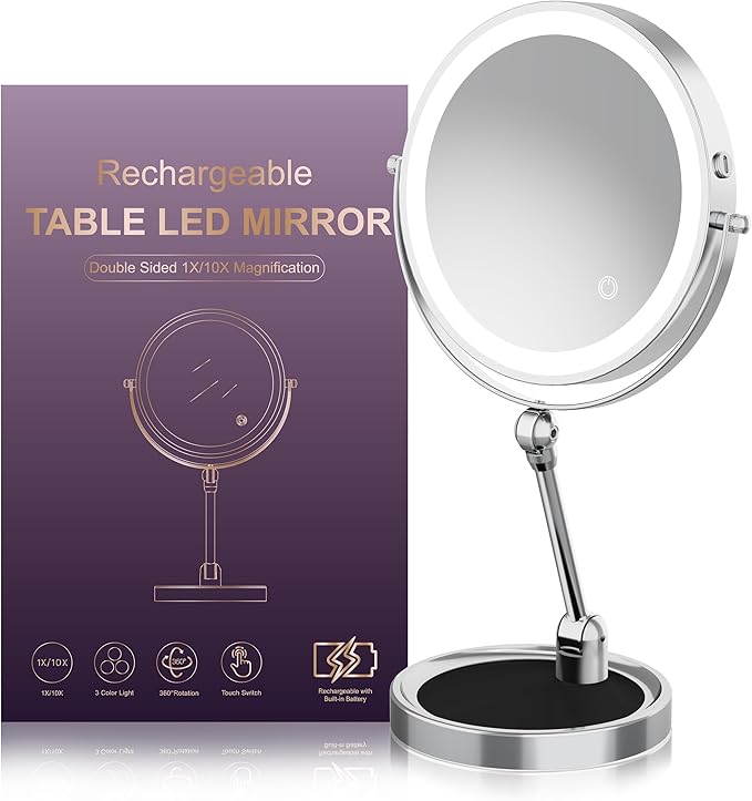 Rocollos 9" Large Lighted Makeup Mirror with 1X/10X Magnification, 4000mAh Rechargeable Vanity Mirror with Height Adjustable & 3 Color Dimmable Lights (9 Inch Chrome)