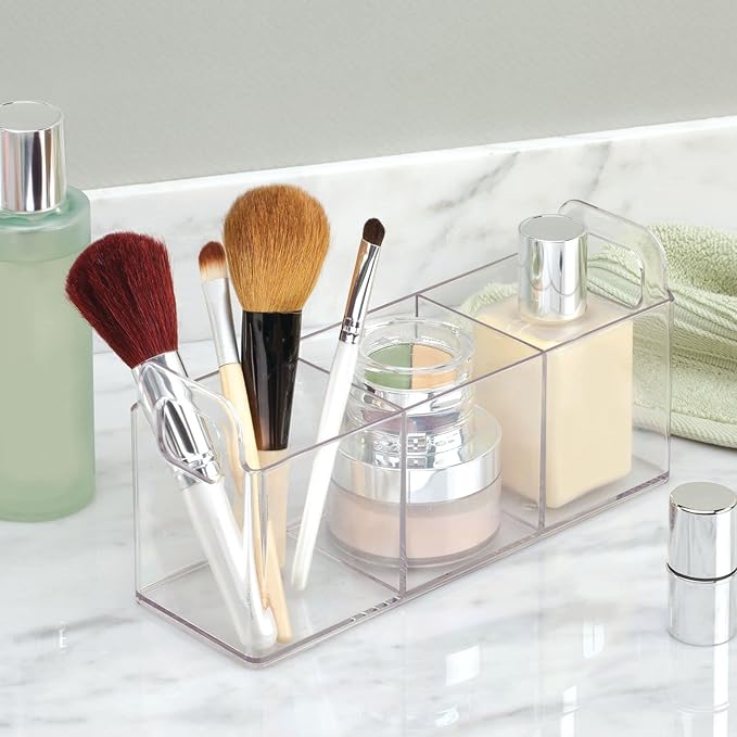 mDesign Plastic 3-Compartment Bathroom Organizer Storage Bin - Divided Makeup Caddy and Hair/Beauty Product Holder Tray - Perfect for Vanity, Counter, and Cabinet - Lumiere Collection, 2 Pack, Clear
