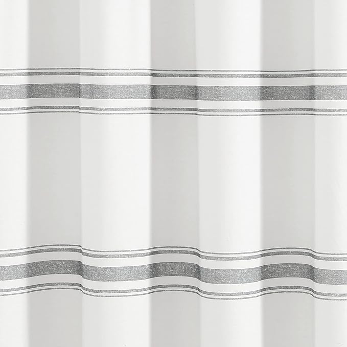 Lush Decor Farmhouse Stripe Cotton Shower Curtain, 72" W x 72" L, Dark Gray - Striped Bathroom Curtain - Fabric Shower Curtains - Farmhouse Bathroom Decor