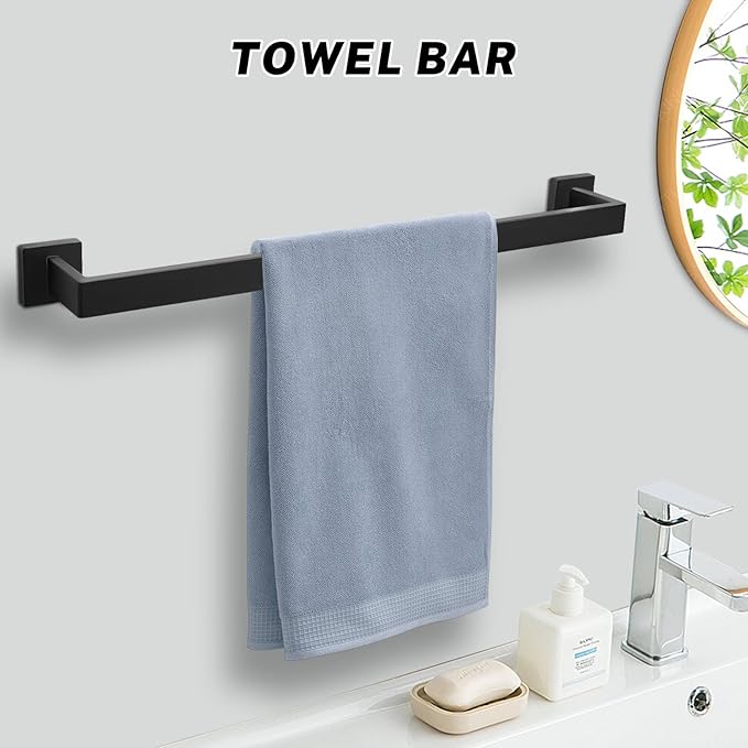 Matte Black Towel Bar Set 10-Pieces Bathroom Hardware Set,23.6 Inch Towel Bar Stainless Steel Wall-Mounted