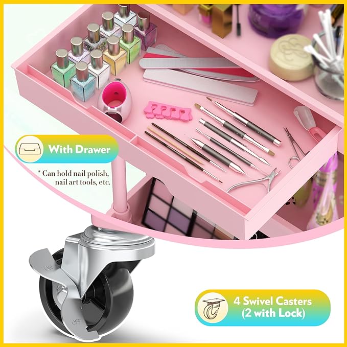 Makeup Cart Organizer with Drawers, 4 Tier Floor Skincare Organizers for Vanity, Rolling Makeup Bathroom Storage Cart Cosmetics Display Cases for Skin Care Perfume Nail Polish, Pink