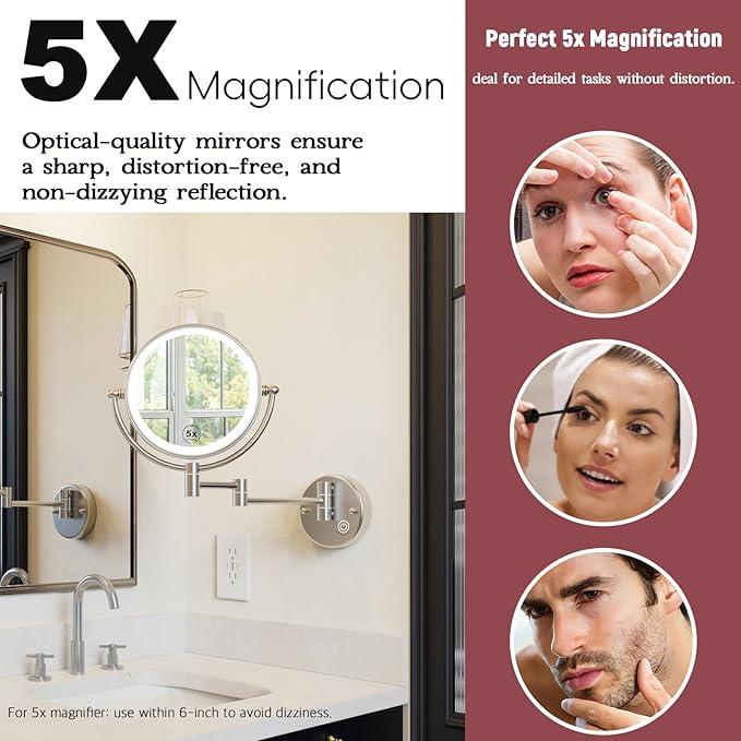 Upgraded Brightness 3-Colors LED 5X Bathroom Magnifying Mirror Wall Mounted, Double Sided Touch Dimming Wall-Mounted Close up Mirror with Lighting, Rechargeable, Brushed Nickel