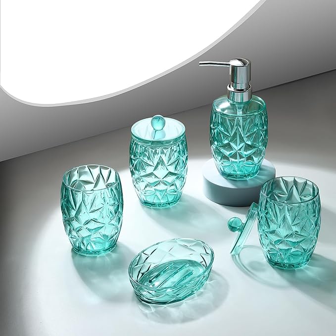 Shatterproof Acrylic Teal Blue Bathroom Accessories Set – Glass-Free, 5-Piece Vanity Set with Lotion Soap Dispenser, Toothbrush/Makeup Brush Holder, 2 Dust-Proof Cotton Jars, and Soap Dish