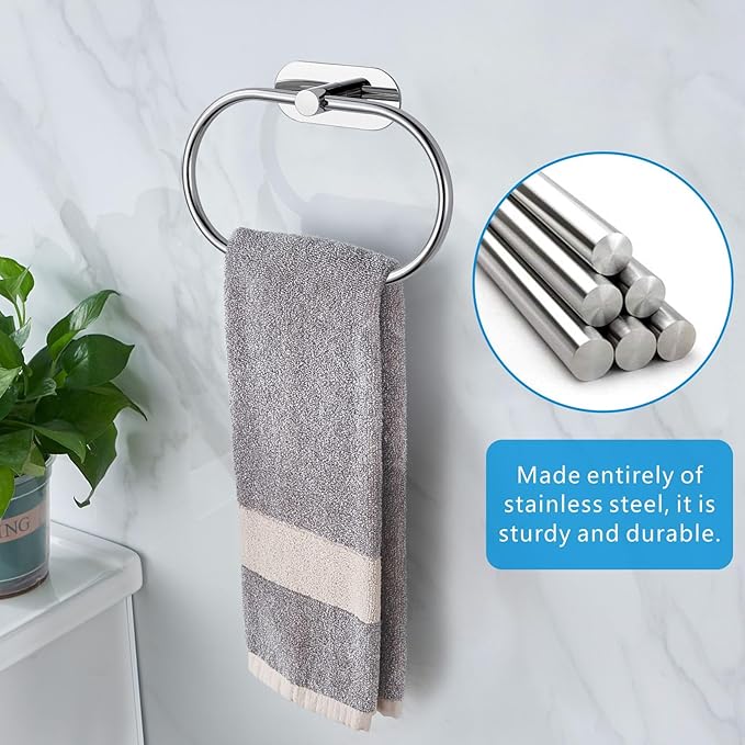 Towel Bar/Bath Towel Ring, Self Adhesive Hand Towel Ring for Bathroom, Stainless Steel Sticky Hand Towel Holder, No Drilling Modern Round Towel Hanger Wall Mounted (2 Pack, Chrome)