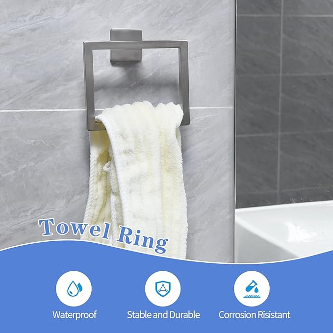 5pcs Bathroom Hardware Set, 16in Towel Bar Set, Including Square Towel Bar Square Towel Ring Toilet Paper Holder Towel Hooks, Set SUS304 Stainless Steel, Wall Mounted
