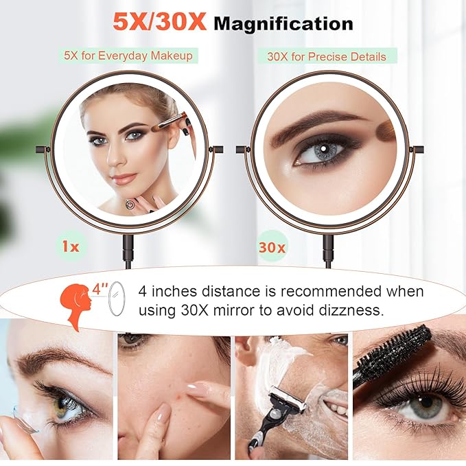 Rechargeable Wall Mounted Makeup Mirror - 8 Inch Double Sided 30X/5X Magnifying Mirror with 3 Color Lights Dimmable Touch Screen, 360°Swivel 19.6 Inch Extendable Accordion Bathroom Mirror