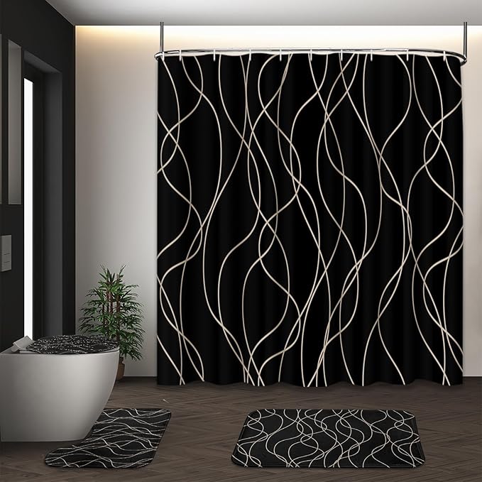Black Shower Curtain Set with Toilet Lid Cover and Non-Slip Rugs, Striped Wavy Lines 4 Pcs Shower Curtain for Bathroom, Modern Simple Abstract Bathroom Decor
