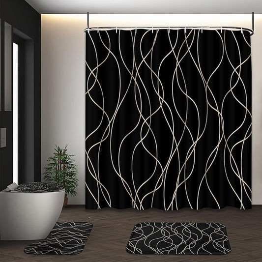 Black Shower Curtain Set with Toilet Lid Cover and Non-Slip Rugs, Striped Wavy Lines 4 Pcs Shower Curtain for Bathroom, Modern Simple Abstract Bathroom Decor