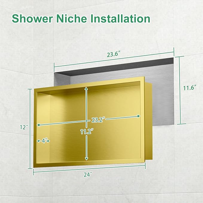 SaniteModar Shower Niche, Stainless Steel Shower Niche No Tile Needed, Recessed for Bathroom Storage (Brushed Gold, 12x24)