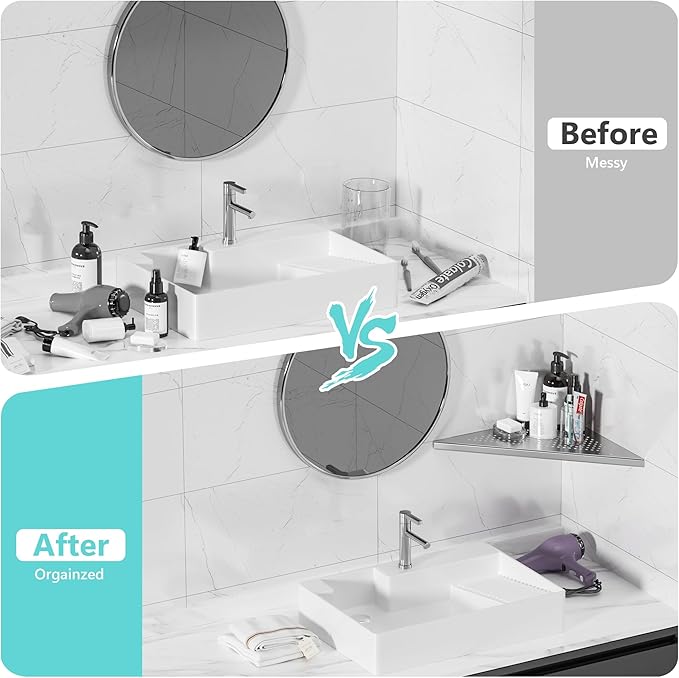 Qeke Bathroom Corner Shelf, Recessed 12" Shower Shelf Caddy, SUS304 Stainless Steel Shelf Wall Mount Triangular, No Drilling, Brushed Nickel