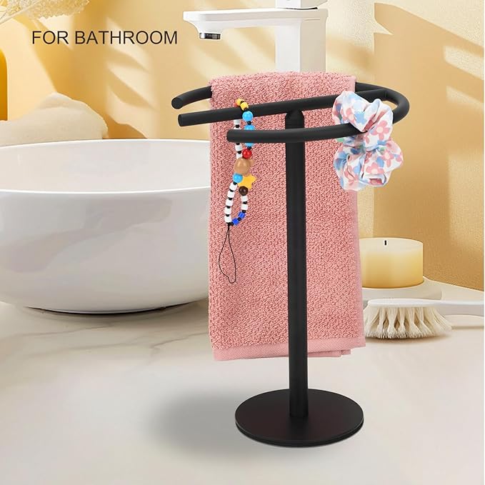 Hand Towel Holder Countertop 13-Inch Height Towel Stand Free-Standing Hand Towel Rack Double Hand Towel Rings for Bathroom Kitchen Countertop (Matte Black)