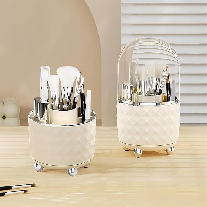 DASITON Makeup Brush Holder Organizer,360°Rotating Makeup Organizer and Storage,Spinning Cosmetic Organizer Pen Holder,Makeup Brushes Holder for Vanity Desktop Bathroom Countertop(Cream 01)