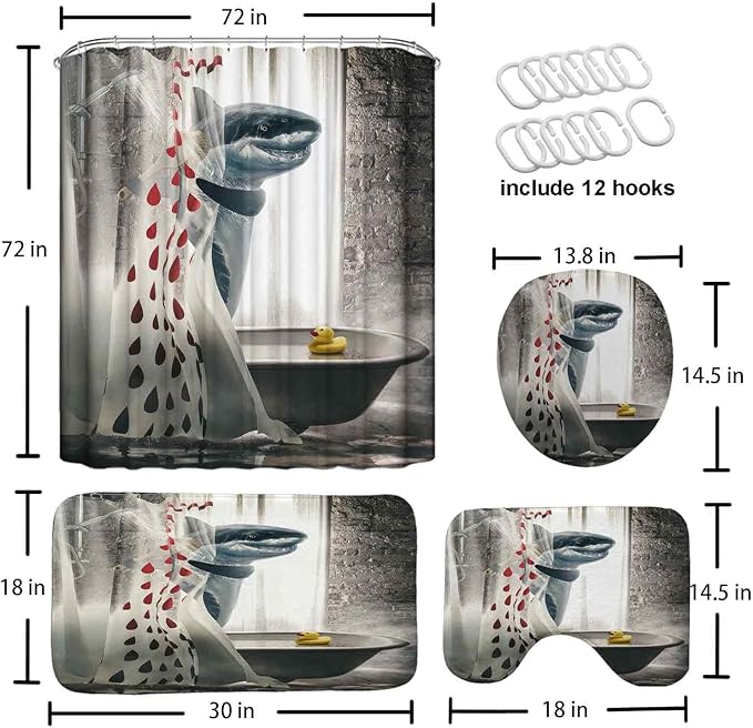 4 Pcs Funny Shark Shower Curtain Sets, Cool Animal Waterproof Polyester Fabric with Non-Slip Rugs, Funny Bathroom Decor Set with 12 Hooks, 72" x 72"