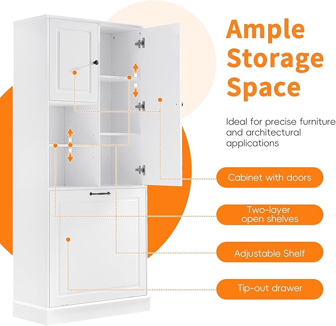 Virubi Tall Laundry Cabinet with Tilt Out Hamper, Wood Tall Laundry Room Cabinets with Doors, and Adjustable Shelves, for Bathroom Storage Organization, Freestanding, White